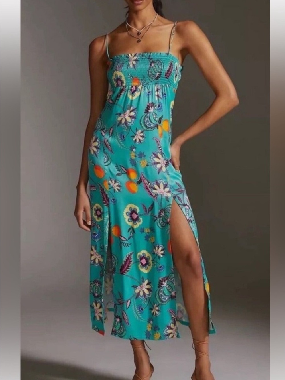 Maeve Turquoise Floral Paisley Smocked Maxi Dress with Side Slit